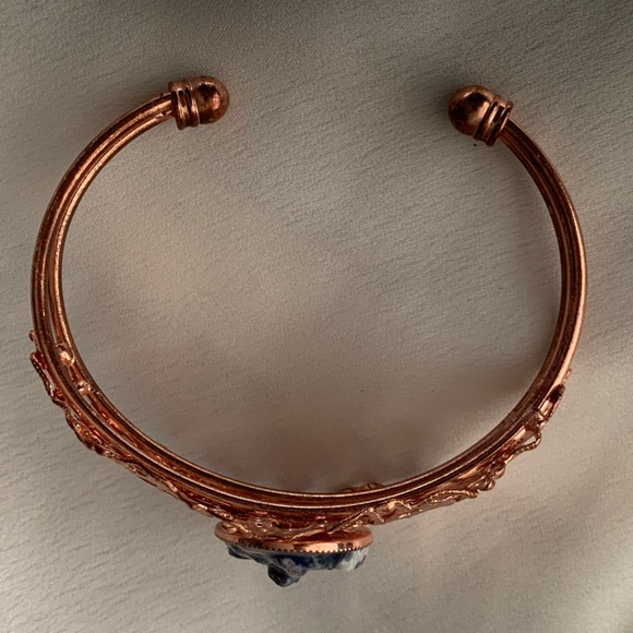 Rose Gold Floral Filigree Blue Agate Cuff Bracelet - Picture 6 of 9